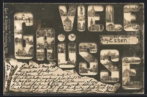 AK Essen / Ruhr, Schriftzug Viele Grüsse mit Turm, Kirche und Denkmal, Passepartout