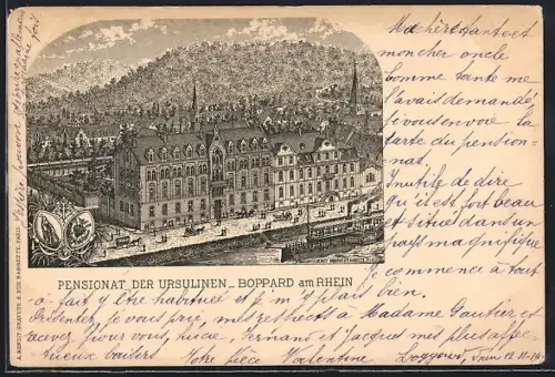 Lithographie Boppard am Rhein, Pensionat der Ursulinen mit Dampfer