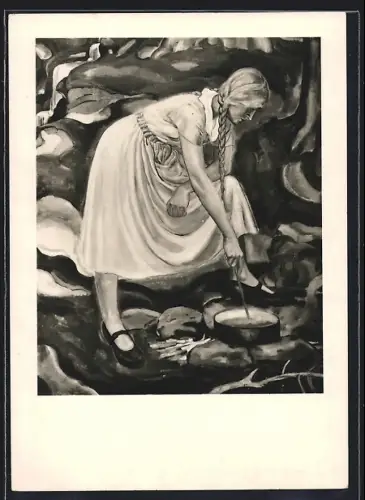 Künstler-AK Schwarzburg i. Thür., Wandbild von A. Paul Weber im Hans Breuer-Haus, Frau an der Kochstelle