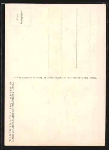 Künstler-AK Schwarzburg i. Thür., Wandbild von A. Paul Weber im Hans Breuer-Haus, Frau an der Kochstelle