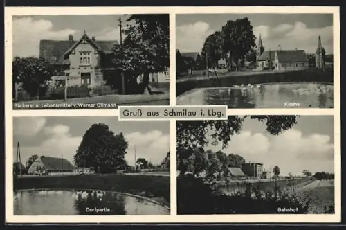 AK Schmilau i. Lbg., Bäckerei und Lebensmittelgeschäft von Werner Ollmann, Bahnhof, Dorfpartie