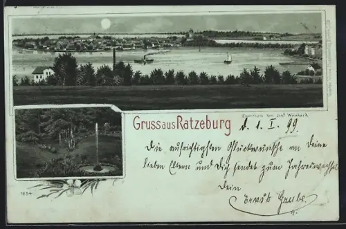 Mondschein-Lithographie Ratzeburg, Teilansicht, Springbrunnen