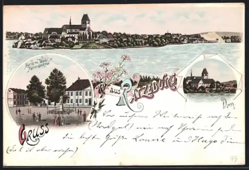 Lithographie Ratzeburg, Markt mit Wache und Kaiserdenkmal, Dom und Totalansicht vom Ort