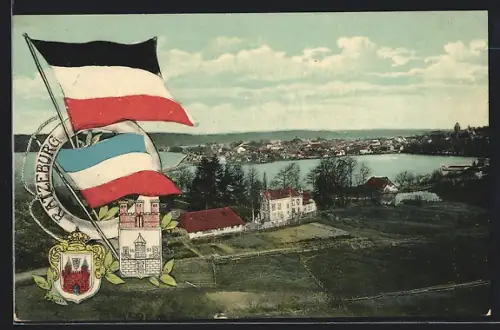 Künstler-AK Ratzeburg, Teilansicht, Rettungsring, Fahne und Wappen