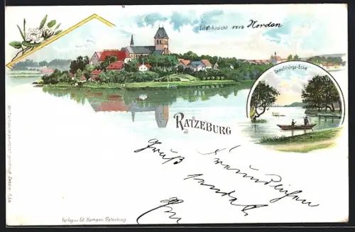 Lithographie Ratzeburg, Ortsansicht mit Demolirungs-Ecke