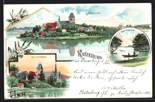 Lithographie Ratzeburg, Dom mit Probstei, Demolirungs-Ecke, Panorama