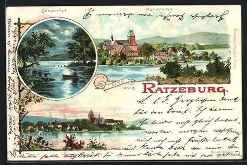 Lithographie Ratzeburg, Panorama, Seepartie bei Mondschein, Uferpartie