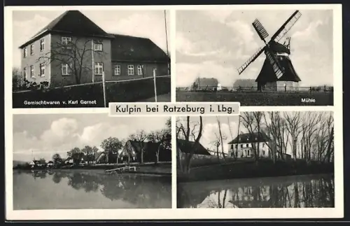 AK Kulpin, Gemischtwarengeschäft von Karl Gernot, Windmühle, Uferpartie