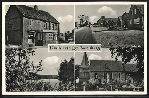 AK Mustin / Lauenburg, Bäckerei, Kirche, Dorfstrasse