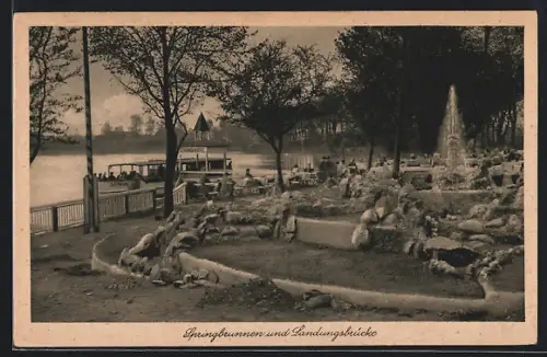 AK Zechlinerhütte b. Rheinsberg, Springbrunnen und Landungshütte
