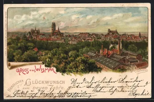 Lithographie Wismar, Teilansicht mit Kirche, Neujahrsgruss