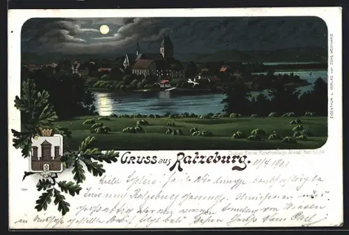 Lithographie Ratzeburg, Panorama und Wappen