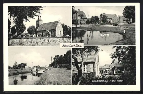 AK Schmilau /Lbg., Geschäftshaus Hans Rusch, Kirche und Friedhof, Teich