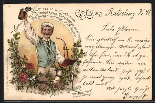 Lithographie Ratzeburg, Student mit Buch und Bierkrug