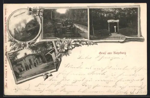 AK Ratzeburg, Cantine mit Denkmal, Wache Hundebusch, Eingang zum Hundebusch