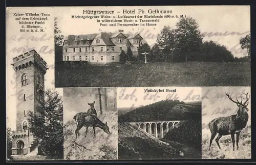 AK Hüttgeswasen, Hôtel Ph. Gethmann, Viadukt bei Hoxel, Kaiser-Wilhelm-Turm auf dem Erbeskopf