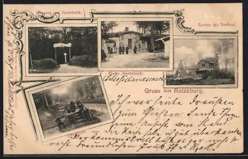 AK Ratzeburg, Wache, Kantine mit Denkmal, Eingang zum Hundebusch