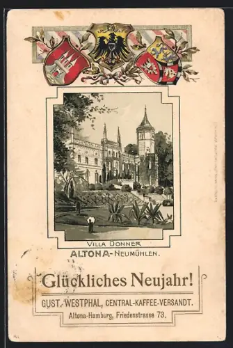 Passepartout-Lithographie Altona-Neumühlen, Villa Donner, Altona-Hamburg, Kaffee-Versandt G. Westphal, Friedenstrasse 73