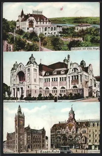 AK Essen-Ruhr, Rathaus, Colosseum, Ruhrstein mit Villa Hügel, städtischer Saalbau