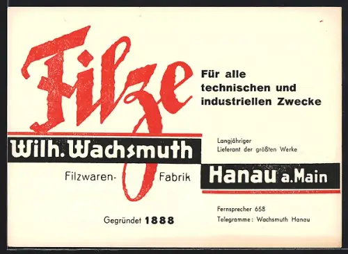 AK Hanau a. Main, Wilh. Wachsmuth Filzwaren-Fabrik, Werbung für technische Filze