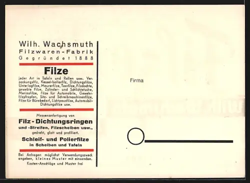 AK Hanau a. Main, Wilh. Wachsmuth Filzwaren-Fabrik, Werbung für technische Filze