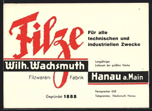 AK Hanau a. Main, Wilh. Wachsmuth Filzwaren-Fabrik, Filze für technische und industrielle Zwecke