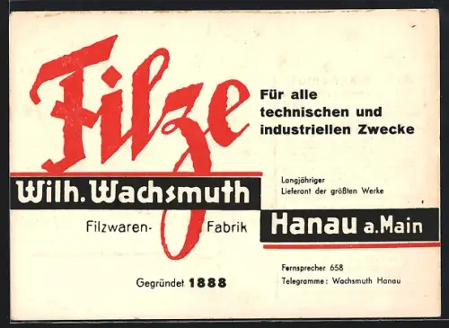 AK Hanau a.Main, Wilh. Wachsmuth Filzwaren-Fabrik, Werbung für technische Filze