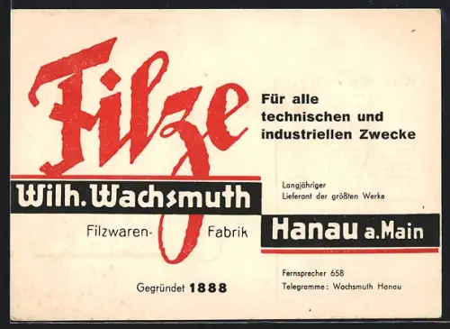 AK Hanau a. Main, Wilh. Wachsmuth Filzwaren-Fabrik, Werbung für technische Filze
