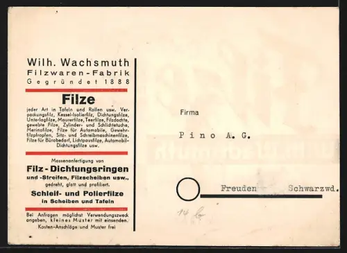 AK Hanau a. Main, Wilh. Wachsmuth Filzwaren-Fabrik, Werbung für technische Filze