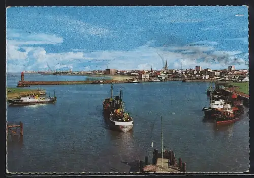 AK Bremerhaven, Panorama mit Hafen und Schiffen