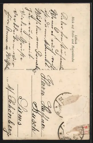 AK Lübeck, Blick auf Petrikirche und Marienkirche