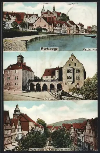 AK Eschwege, Cyriaxberg, Schloss, Marktplatz und Kriegerdenkmal