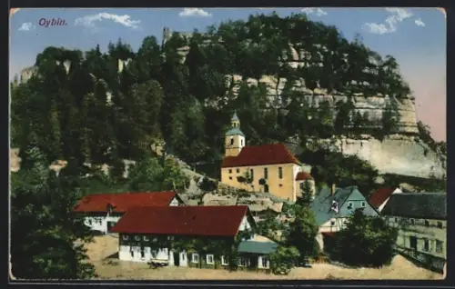 AK Oybin, Kirche, Felsen, Ortsansicht