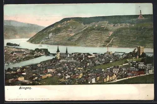 AK Bingen / Rhein, Stadtansicht am Rhein mit Kirchen