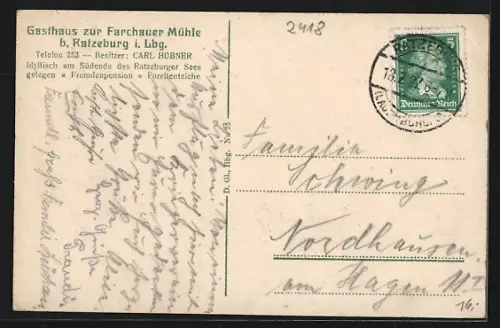 AK Ratzeburg i. Lbg., Gasthaus zur Farchauer Mühle, Inh. Carl Hübner