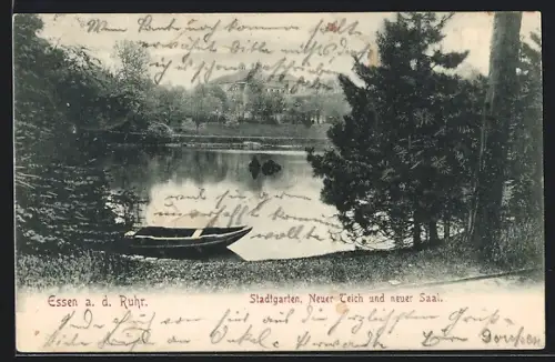 AK Essen a. d. Ruhr, Stadtgarten, Neuer Teich und neuer Saal