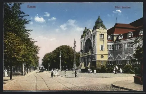 AK Essen, Städt. Saalbau mit Strassenbahn