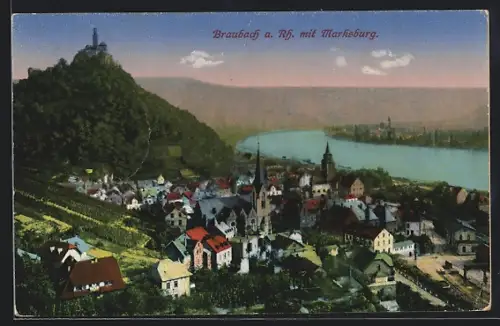 AK Braubach a. Rh., Marksburg, Stadtansicht, Rhein