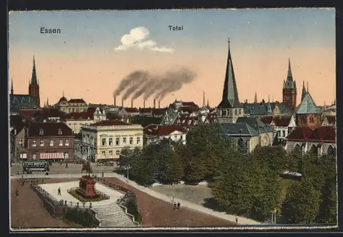 AK Essen / Ruhr, Totalansicht, Stadtpanorama, Kirchen, Fabrikschornsteine