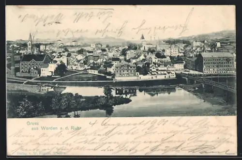 AK Werden a. d. Ruhr, Stadtansicht, Fluss, Brücke