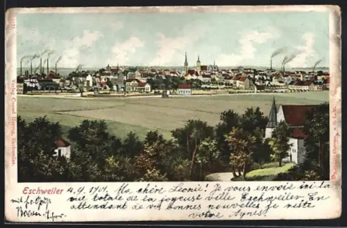 AK Eschweiler, Stadtpanorama mit Fabrikanlagen und Kirchen