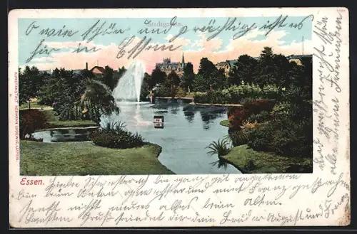 AK Essen, Stadtgarten mit Springbrunnen und Teich
