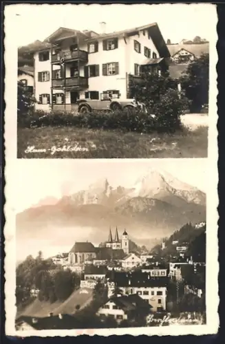 AK Berchtesgaden, Pensionshaus Göhlstein mit parkenden Auto, Panorama