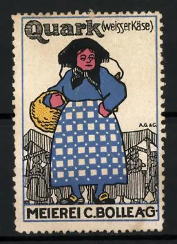 Reklamemarke Berlin, Meierei C. Bolle AG, Quark (Weisser Käse), Bäuerin auf einem Marktplatz