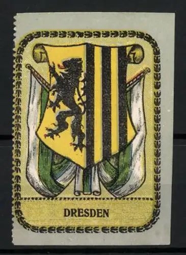 Reklamemarke Dresden, Wappen mit Löwe gelb-schwarz, weiss-grüne Fahne