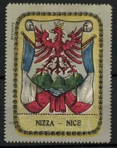 Reklamemarke Nizza - Nice, Wappen der Stadt & Französische Nationalfahne