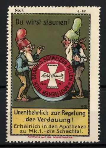 Reklamemarke Abführmittel Rich. Brand's Schweizer Pillen, Zwerge mit Pillendose