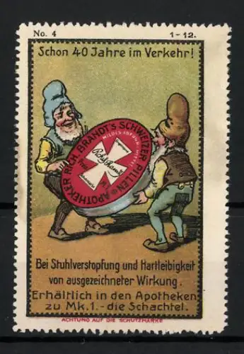 Reklamemarke Abführmittel Rich. Brand's Schweizer Pillen, Zwerge tragen Pillendose