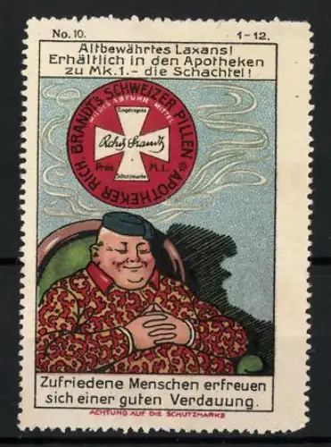 Reklamemarke Abführmittel Rich. Brand's Schweizer Pillen, beleibter Herr mit guter Verdauung