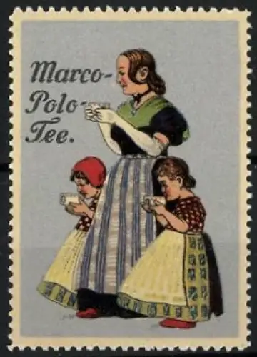 Reklamemarke Marco-Polo-Tee, Dame und Mädchen mit Tasse Tee